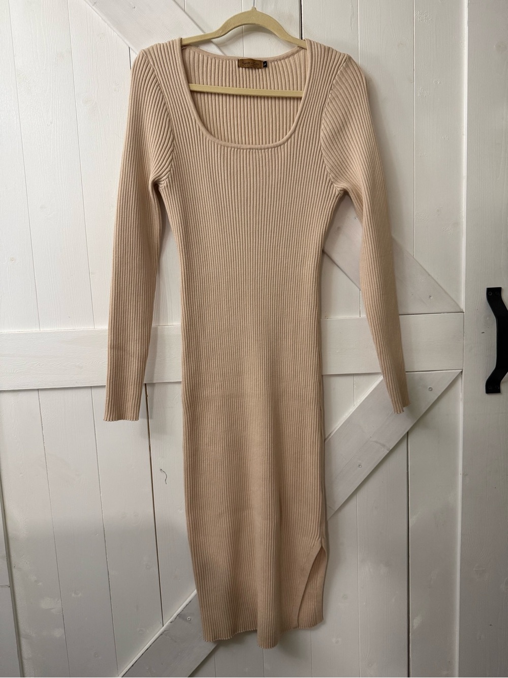 Ribbed Long Sleeve Midi Dress - Beige L